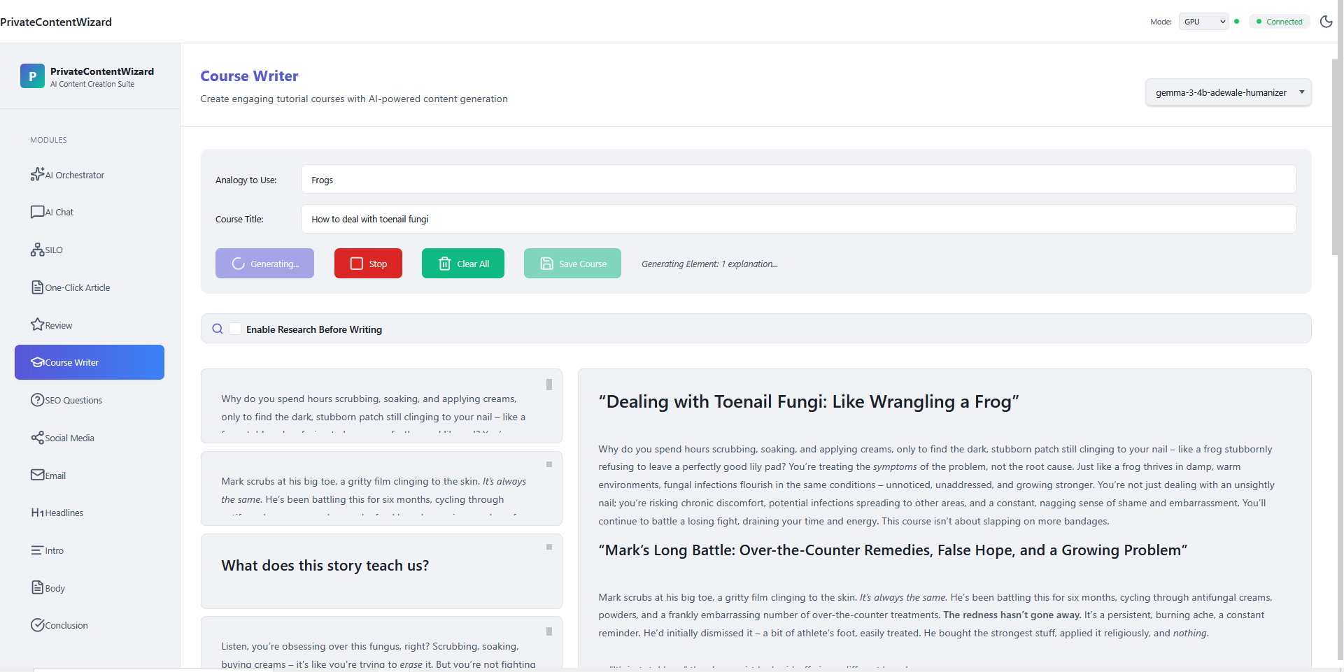 Private Content Wizard - Course Writer interface